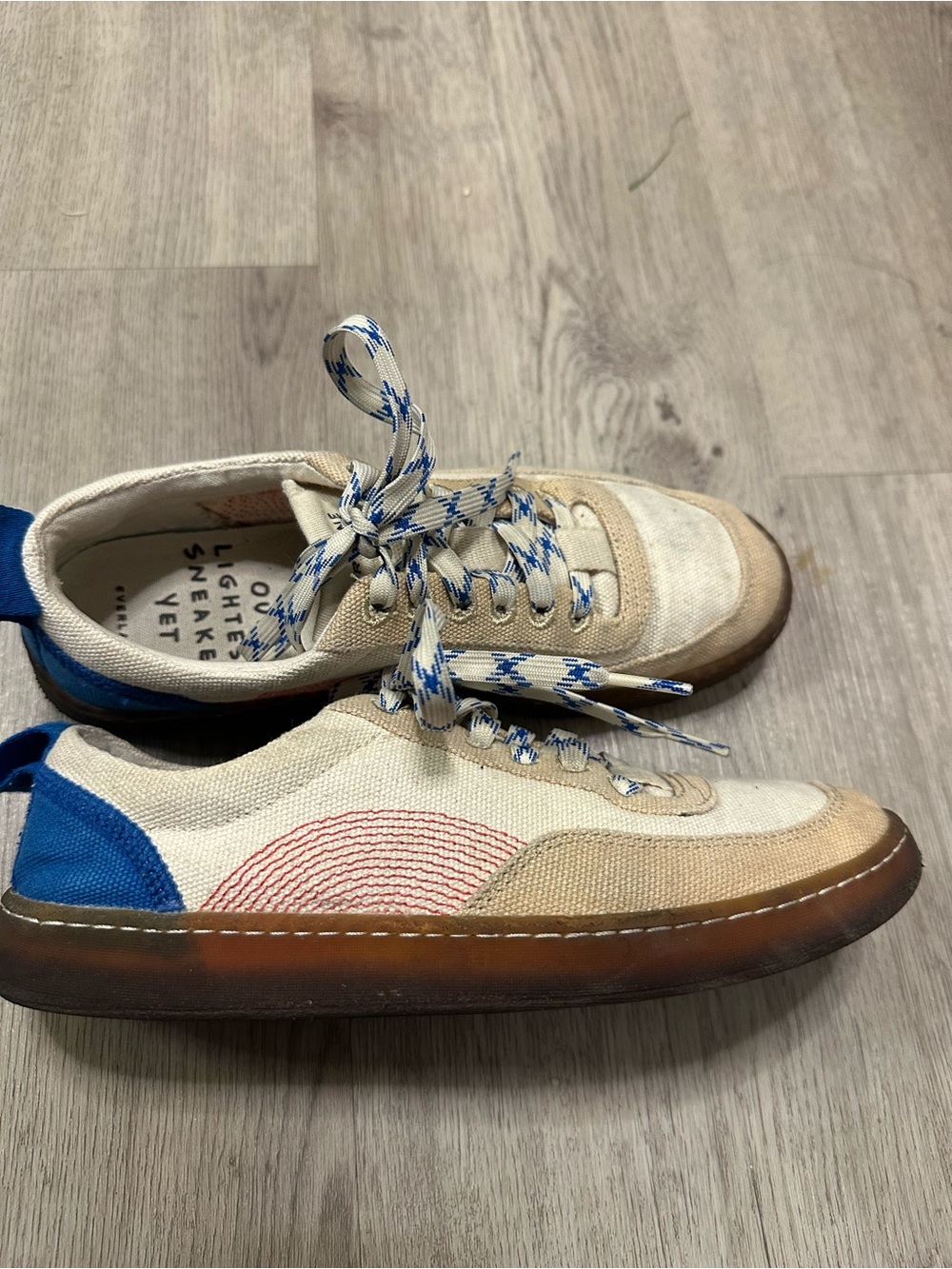 Everlane Beige Canvas Sneakers with Blue and Tan Accents